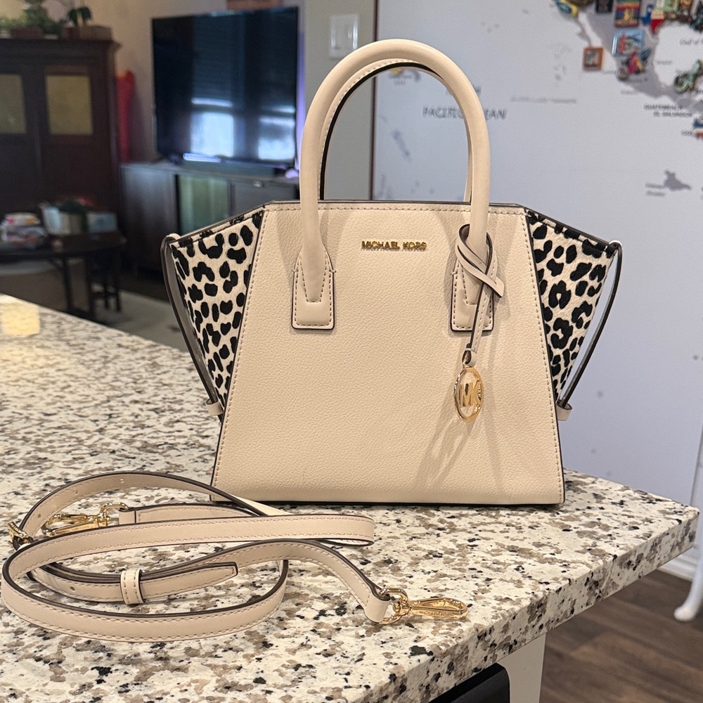 Michael Kors Cream and Black Satchel with Leopard Accents